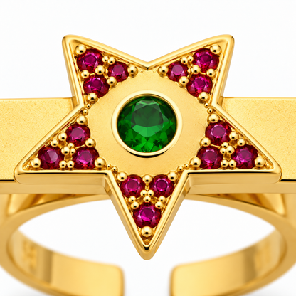 Close-up of round-cut tsavorite gypsy setting and round-cut pink sapphire pavé setting on Stellar Audience Ring Sterling Silver & 18K Gold Plated by Bed of Stones Jewelry