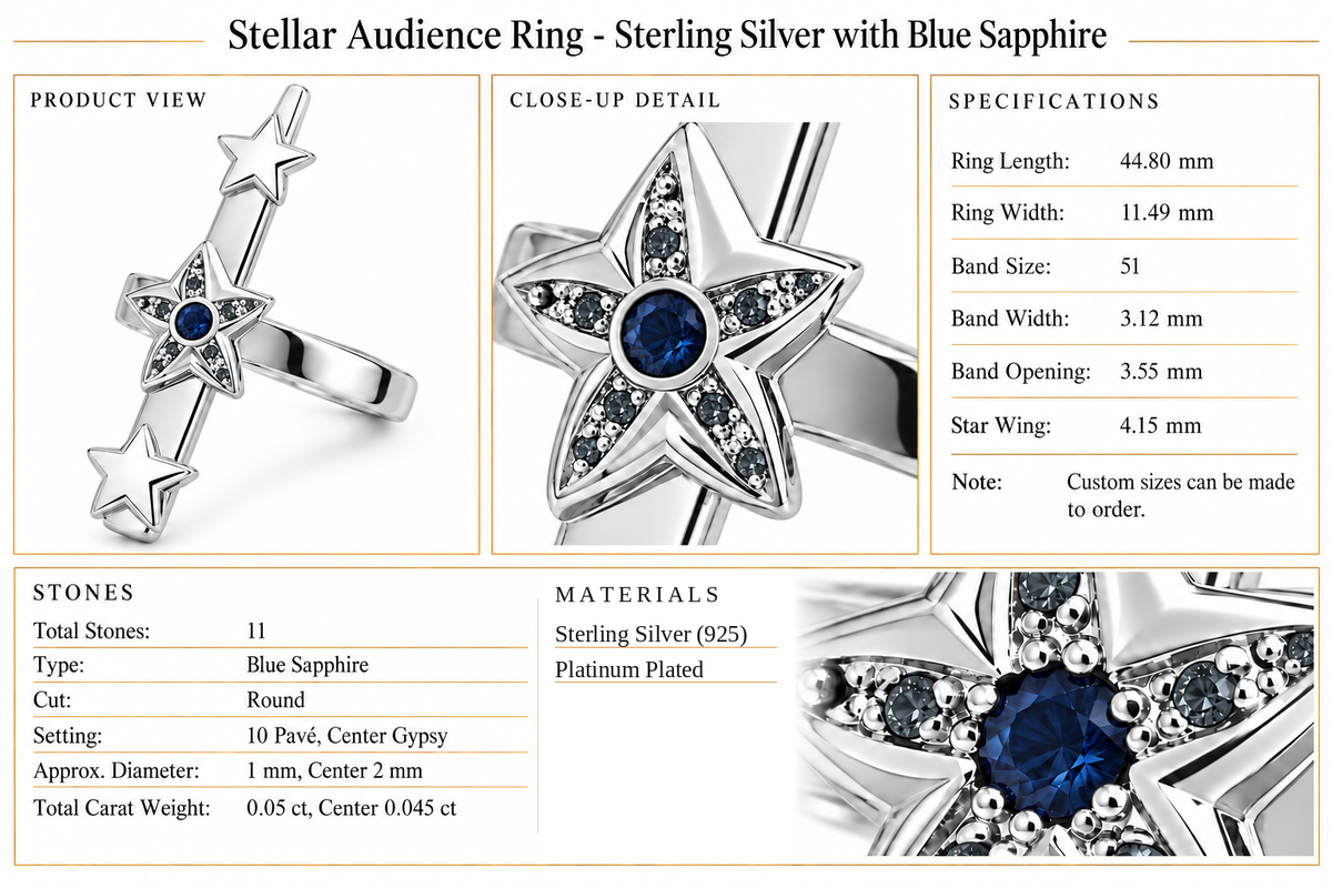 Stellar Audience Ring - Sterling Silver with Blue Sapphire by Bed of Stones Jewelry, product dimensions and stone details diagram