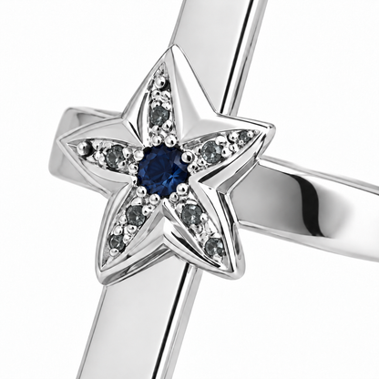 Close-up of round-cut blue sapphire gypsy and pavé setting on Stellar Audience Ring Sterling Silver by Bed of Stones Jewelry