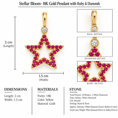 Stellar Bloom - 18K Gold Pendant with Ruby & Diamonds by Bed of Stones Jewelry, close-up of ruby pavé and white diamond bezel setting with product dimensions and stone details diagram