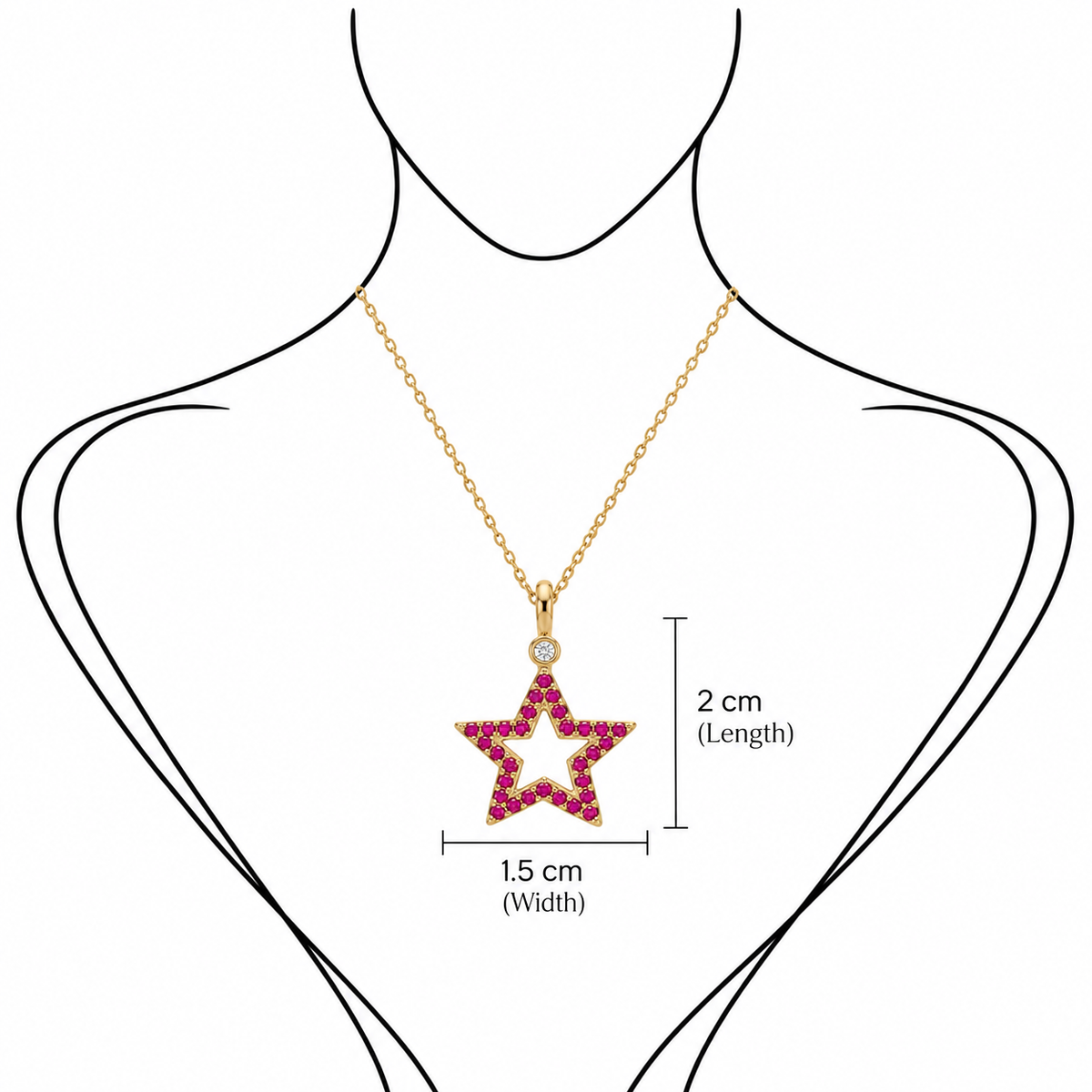 Stellar Bloom - 18K Gold Pendant with Ruby & Diamonds by Bed of Stones Jewelry, illustration showing pendant placement