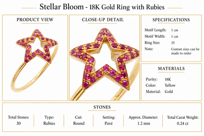 Stellar Bloom - 18K Gold Ring with Rubies by Bed of Stones Jewelry, product dimensions and stone details diagram