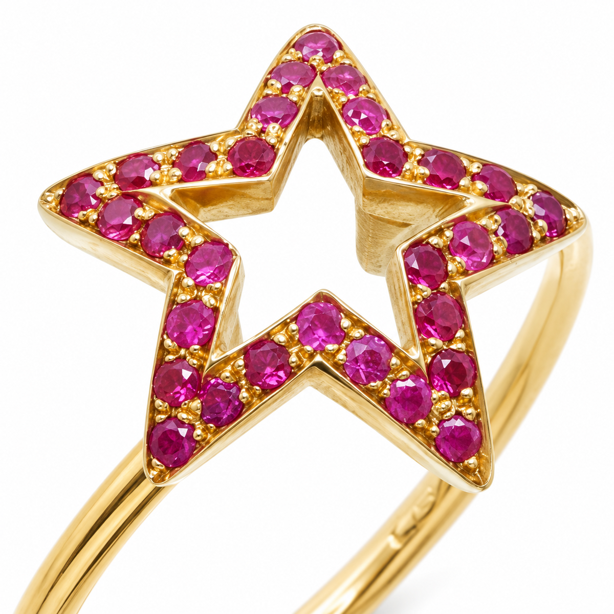 Close-up of round-cut ruby pavé setting on Stellar Bloom 18K Gold Ring by Bed of Stones Jewelry