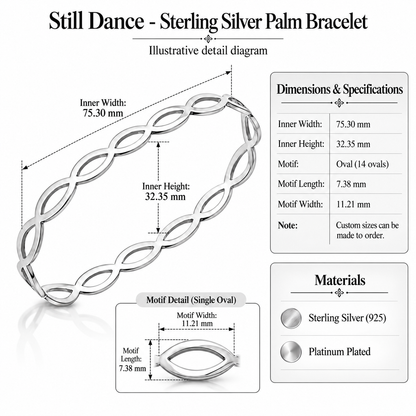 Still Dance - Sterling Silver Palm Bracelet by Bed of Stones Jewelry, product dimensions diagram