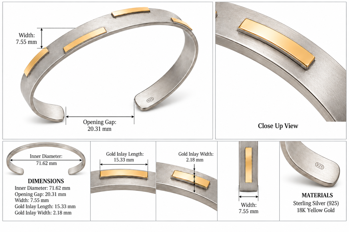 Stripe Motion - Sterling Silver & 18K Gold Cuff Bracelet by Bed of Stones Jewelry, product dimensions diagram