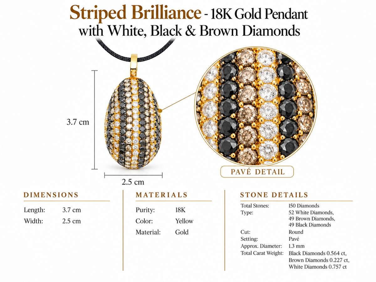 Striped Brilliance - 18K Gold Pendant with White, Black & Brown Diamonds by Bed of Stones Jewelry, close-up of white, black and brown diamond pavé setting with product dimensions and stone details diagram