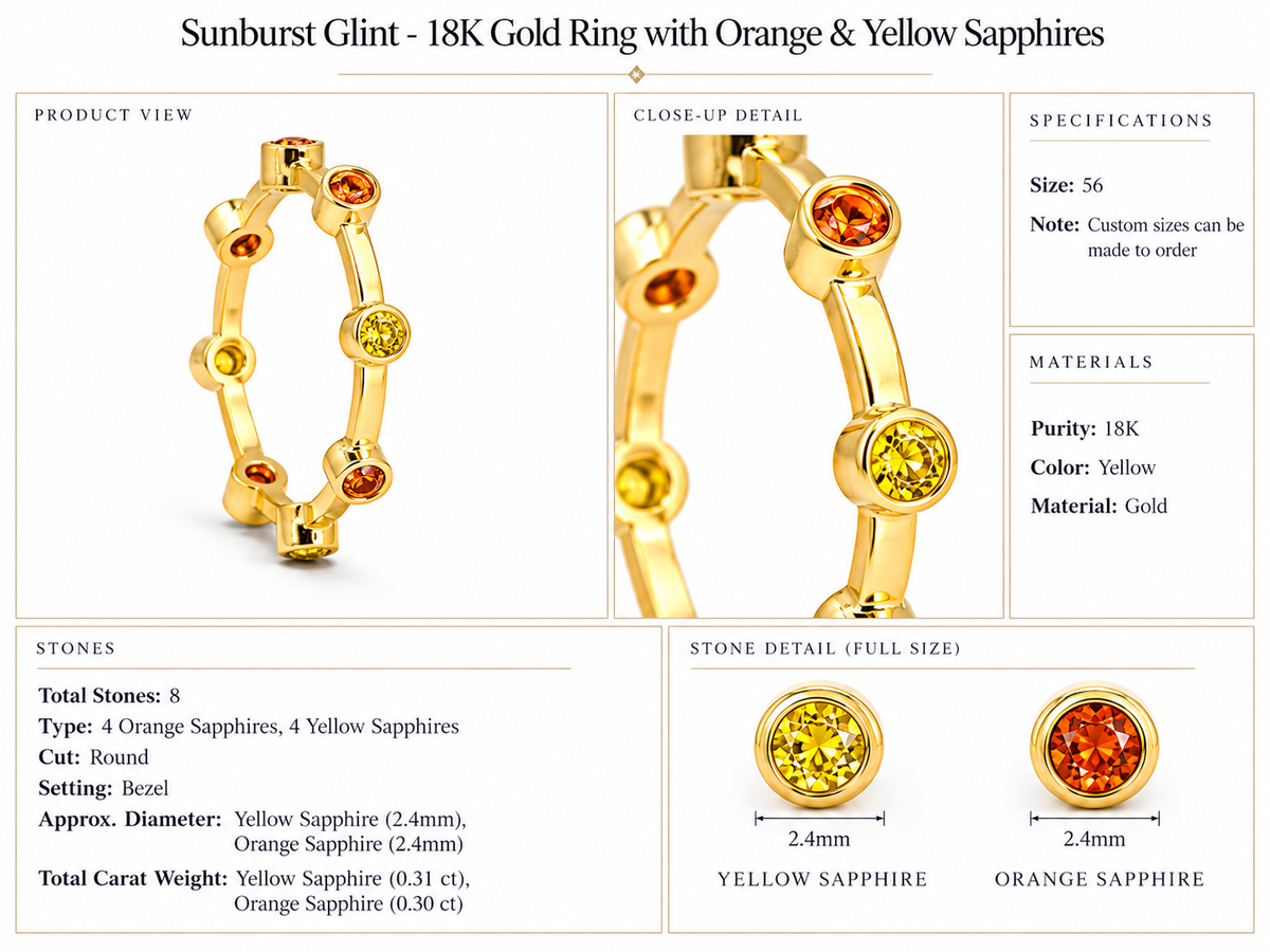 Sunburst Glint - 18K Gold Ring with Orange & Yellow Sapphires by Bed of Stones Jewelry, product dimensions and stone details diagram
