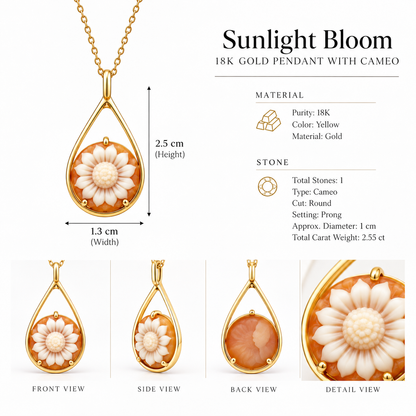 Sunlight Bloom - 18K Gold Pendant with Cameo by Bed of Stones Jewelry, close-up of hand-carved cameo prong setting with product dimensions and stone details diagram