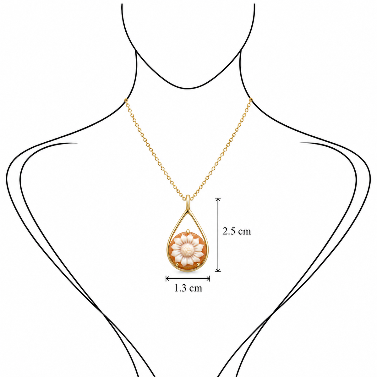 Sunlight Bloom - 18K Gold Pendant with Cameo by Bed of Stones Jewelry, illustration showing pendant placement