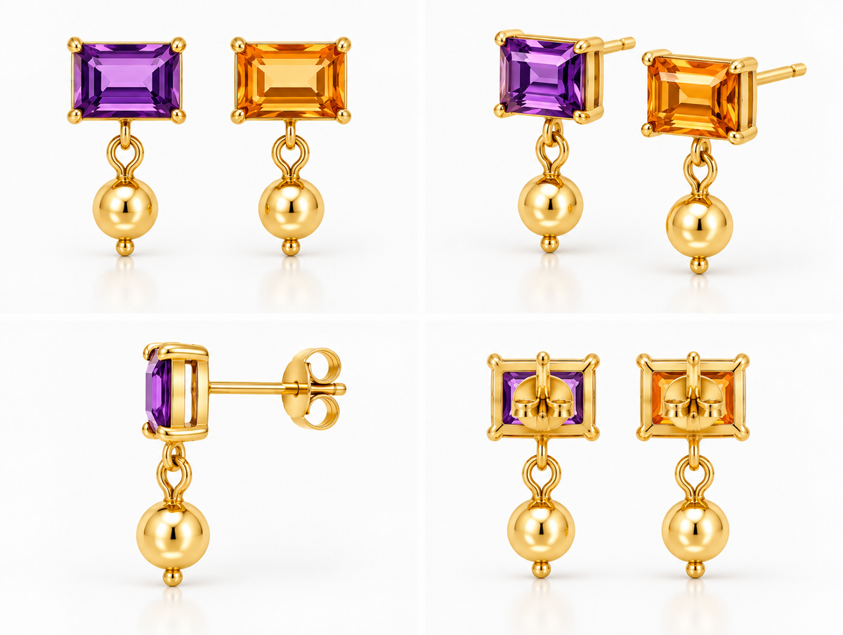 Sunset Duet - 18K Gold Earrings with Amethyst & Citrine by Bed of Stones Jewelry, multi-angle product view