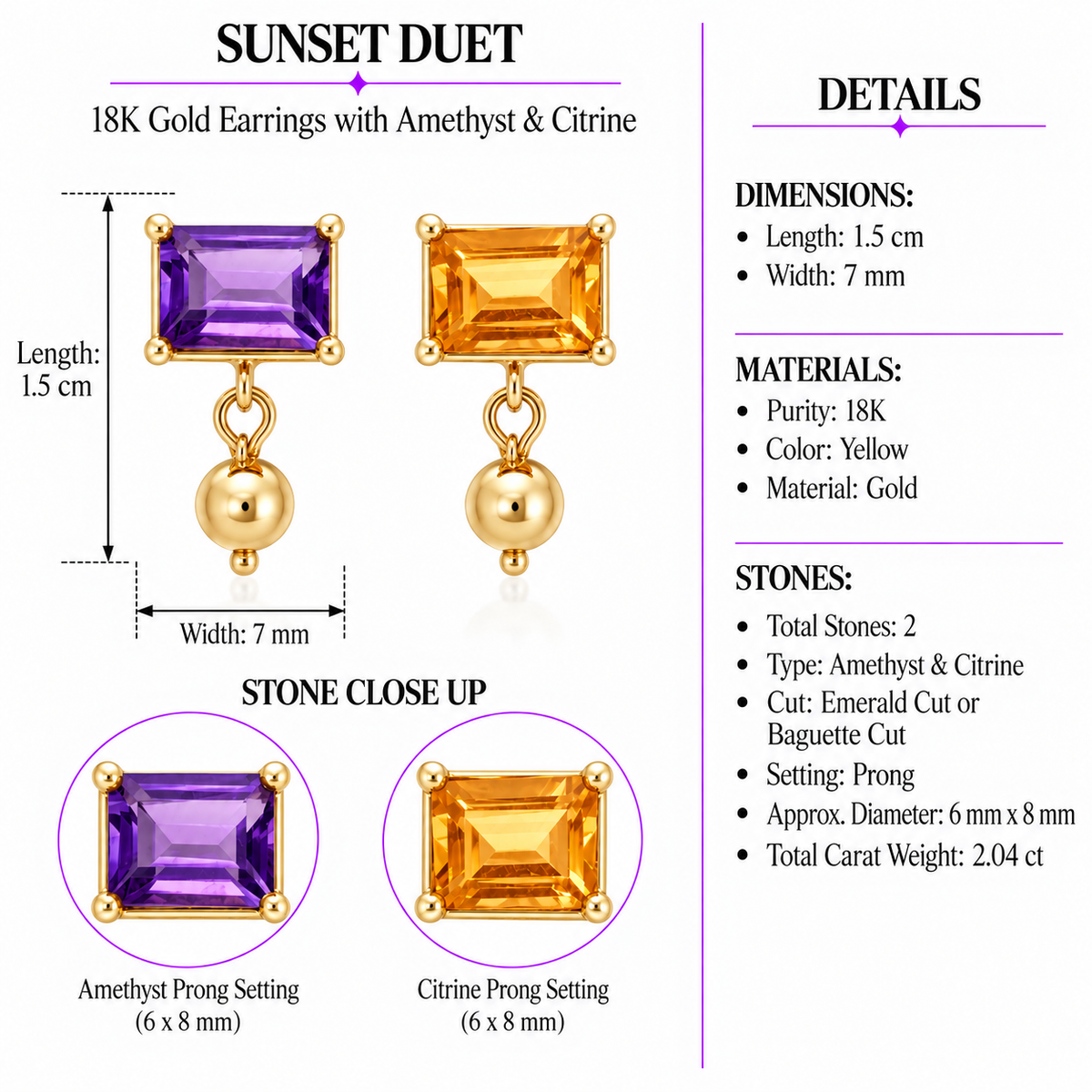 Sunset Duet - 18K Gold Earrings with Amethyst & Citrine by Bed of Stones Jewelry, product dimensions and stone details diagram