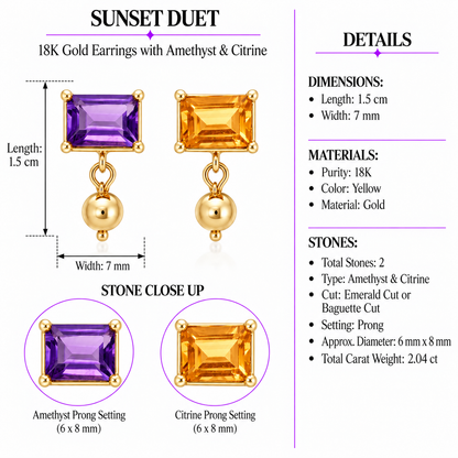 Sunset Duet - 18K Gold Earrings with Amethyst & Citrine by Bed of Stones Jewelry, product dimensions and stone details diagram