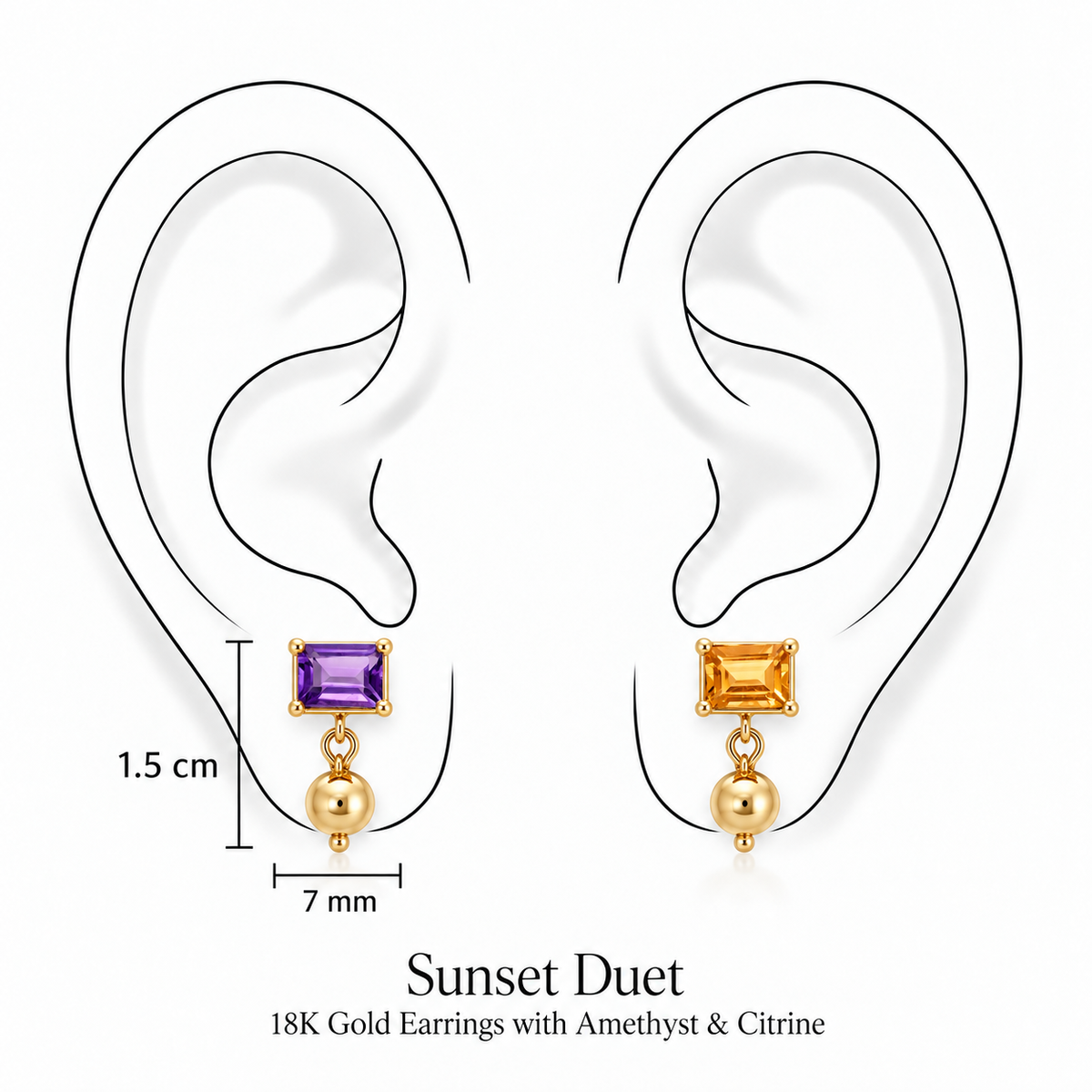 Sunset Duet Earrings by Bed of Stones Jewelry, illustration showing ear placement