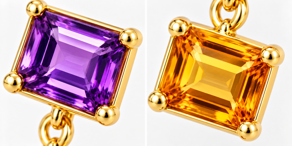 Close-up of amethyst and citrine prong setting on Sunset Duet Earrings by Bed of Stones Jewelry