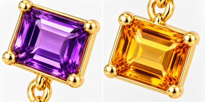 Close-up of amethyst and citrine prong setting on Sunset Duet Earrings by Bed of Stones Jewelry