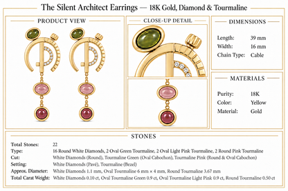 The Silent Architect Earrings — 18K Gold, Diamond & Tourmaline by Bed of Stones Jewelry, product dimensions and stone details diagram