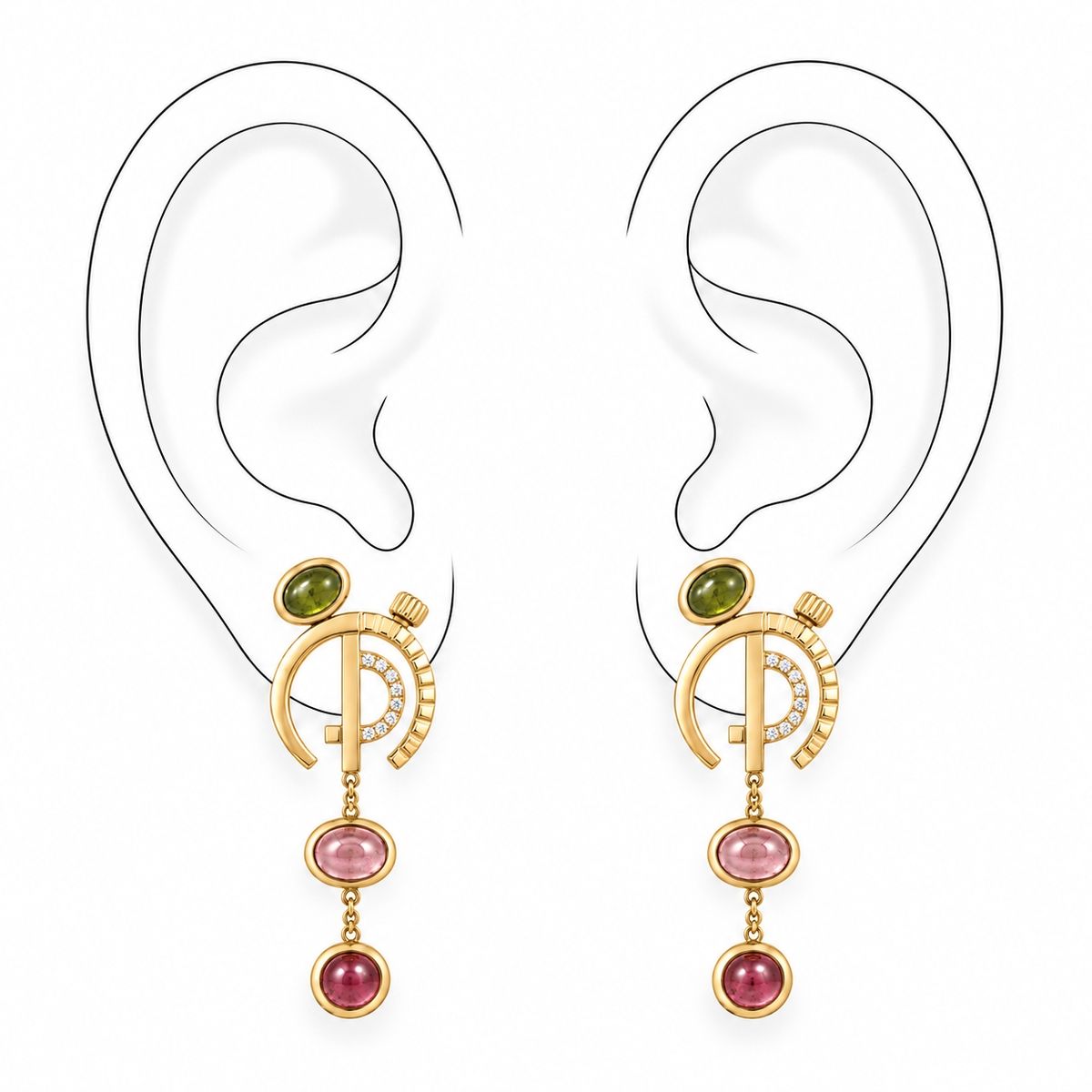 The Silent Architect Earrings — 18K Gold, Diamond & Tourmaline by Bed of Stones Jewelry, illustration showing earring placement