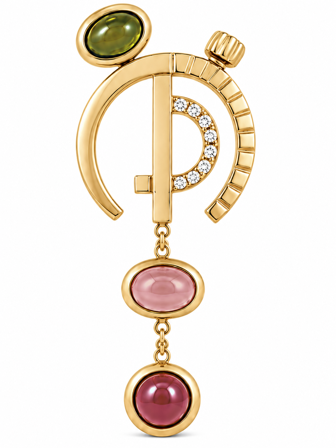 Close-up of round-cut white diamond pavé setting and cabochon-cut tourmaline bezel setting on The Silent Architect Earrings 18K Gold by Bed of Stones Jewelry