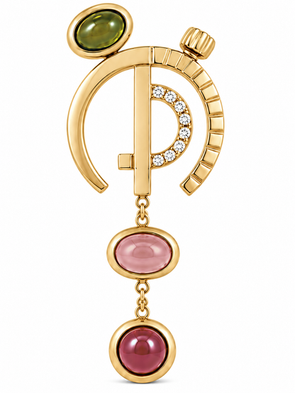 Close-up of round-cut white diamond pavé setting and cabochon-cut tourmaline bezel setting on The Silent Architect Earrings 18K Gold by Bed of Stones Jewelry