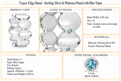 Topaz Edge Band - Sterling Silver & Platinum Plated with Blue Topaz by Bed of Stones Jewelry, product dimensions and stone details diagram