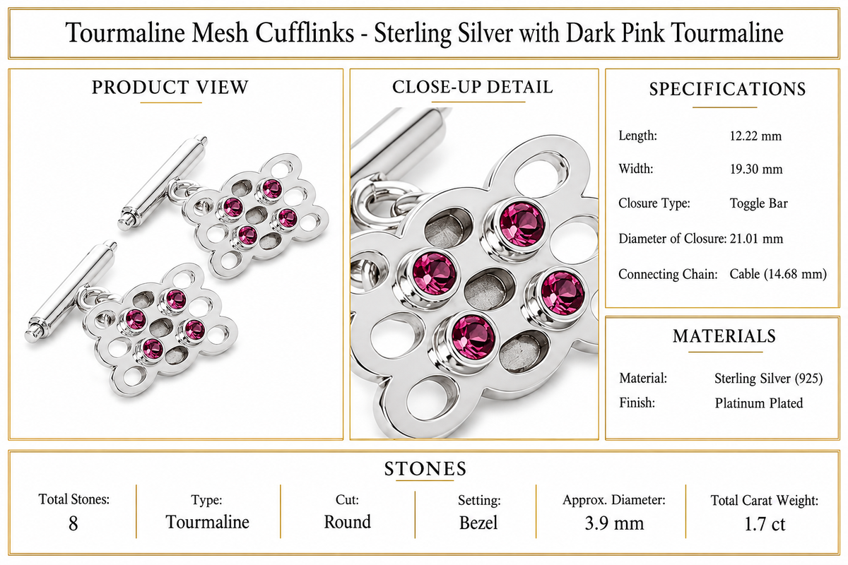 Tourmaline Mesh Cufflinks - Sterling Silver with Dark Pink Tourmaline by Bed of Stones Jewelry, product dimensions and stone details diagram