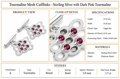 Tourmaline Mesh Cufflinks - Sterling Silver with Dark Pink Tourmaline by Bed of Stones Jewelry, product dimensions and stone details diagram