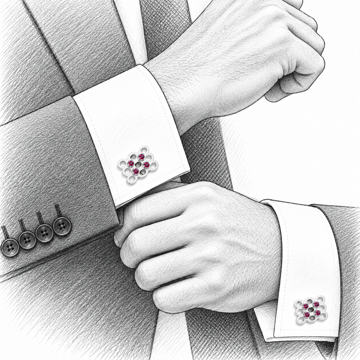 Tourmaline Mesh Cufflinks - Sterling Silver with Dark Pink Tourmaline by Bed of Stones Jewelry, illustration showing cufflink placement