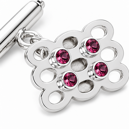 Close-up of round-cut dark pink tourmaline bezel setting on Tourmaline Mesh Cufflinks Sterling Silver by Bed of Stones Jewelry