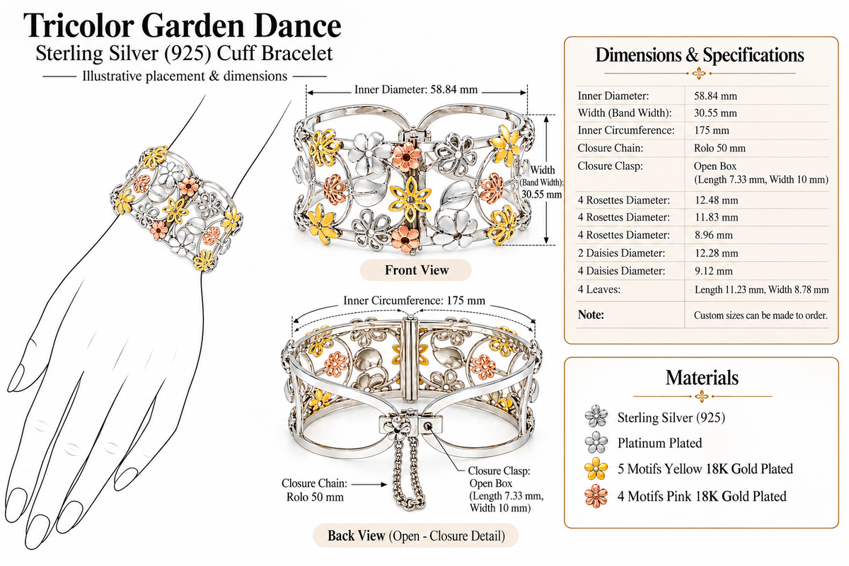 Tricolor Garden Dance - Sterling Silver (925) Cuff Bracelet by Bed of Stones Jewelry, product dimensions diagram