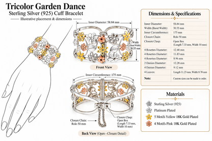 Tricolor Garden Dance - Sterling Silver (925) Cuff Bracelet by Bed of Stones Jewelry, product dimensions diagram