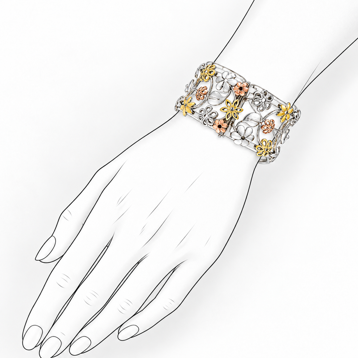 Tricolor Garden Dance - Sterling Silver (925) Cuff Bracelet by Bed of Stones Jewelry, illustration showing wrist placement
