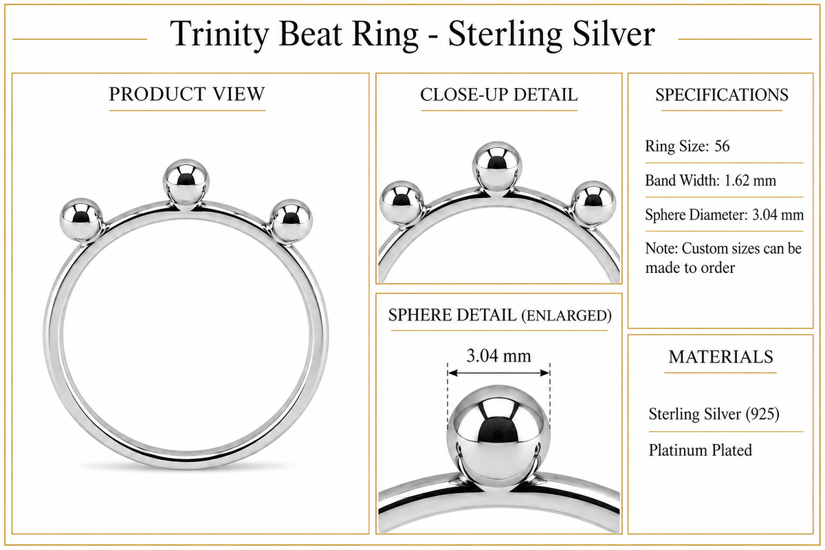 Trinity Beat Ring - Sterling Silver by Bed of Stones Jewelry, product dimensions and sphere details diagram