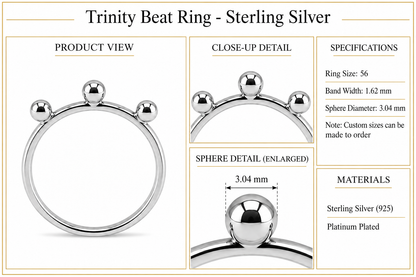 Trinity Beat Ring - Sterling Silver by Bed of Stones Jewelry, product dimensions and sphere details diagram