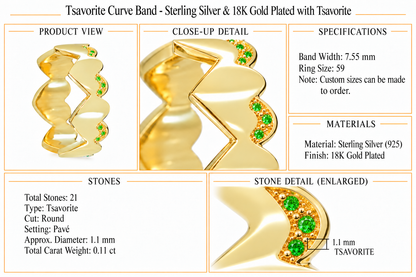 Tsavorite Curve Band - Sterling Silver & 18K Gold Plated with Tsavorite by Bed of Stones Jewelry, product dimensions and stone details diagram