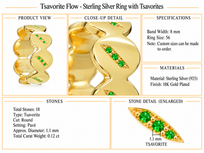 Tsavorite Flow - Sterling Silver Ring with Tsavorites by Bed of Stones Jewelry, product dimensions and stone details diagram