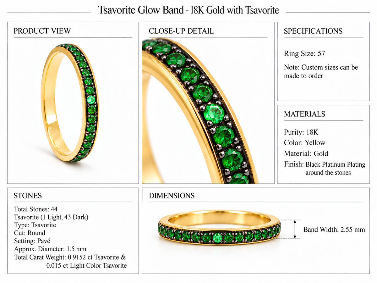 Tsavorite Glow Band - 18K Gold with Tsavorite by Bed of Stones Jewelry, product dimensions and stone details diagram
