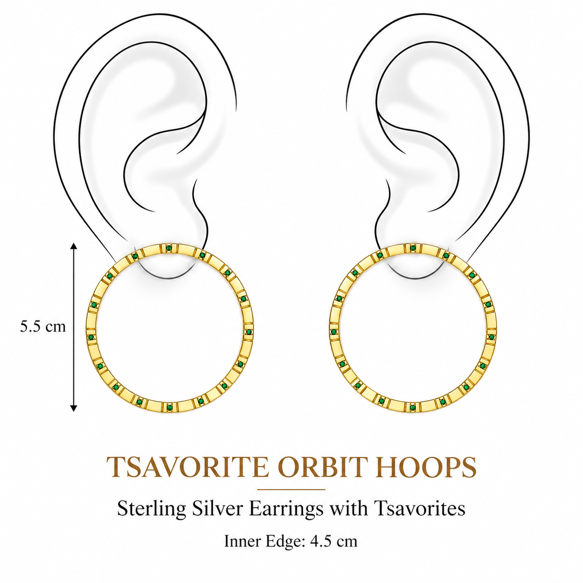 Tsavorite Orbit Hoops Earrings by Bed of Stones Jewelry, illustration showing ear placement