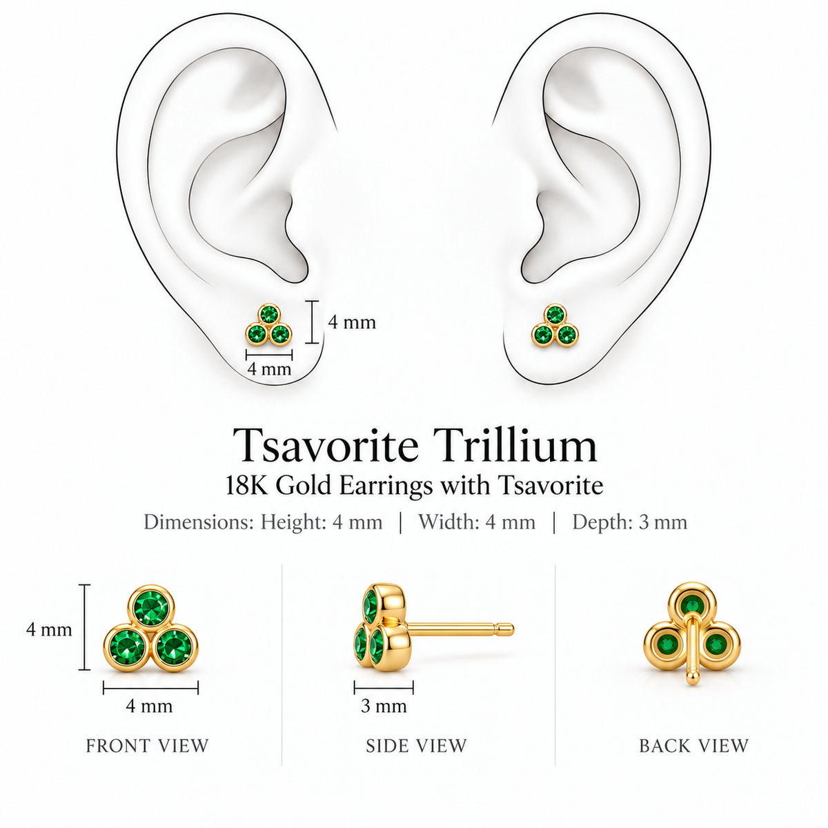 Tsavorite Trillium Earrings by Bed of Stones Jewelry, illustration showing ear placement