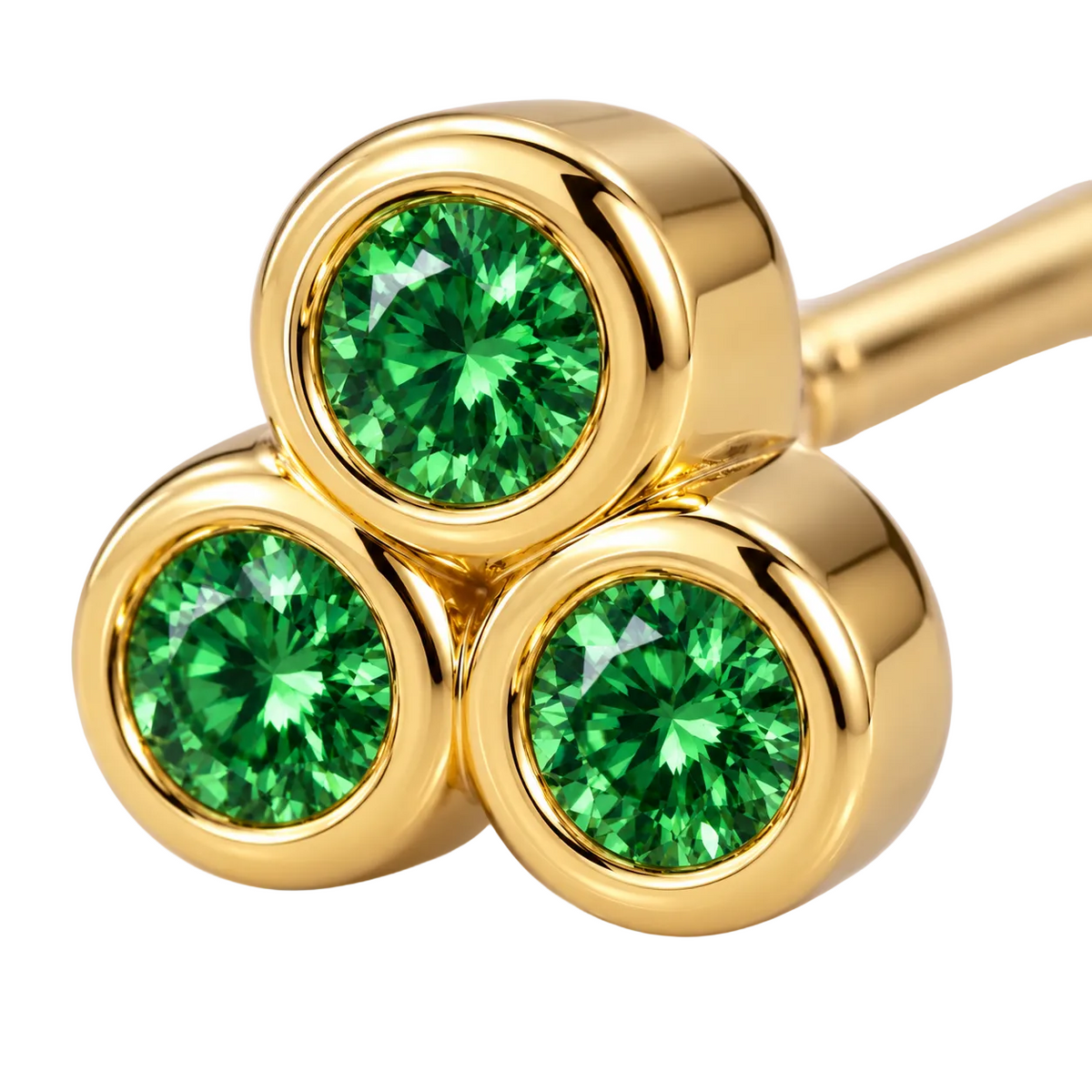 Close-up of tsavorite bezel setting on Tsavorite Trillium Earrings by Bed of Stones Jewelry