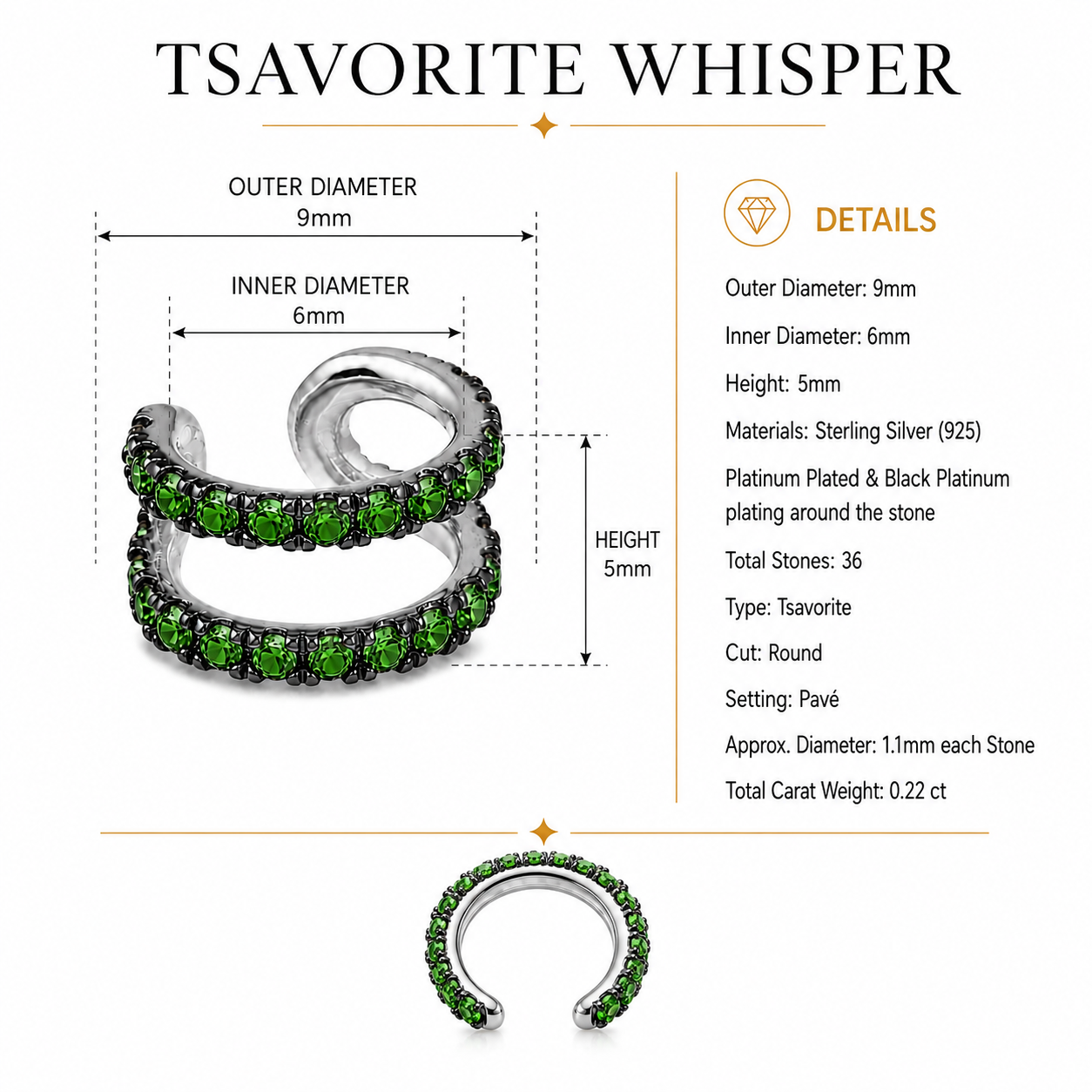 Tsavorite Whisper - Sterling Silver (925) Ear Cuff with Tsavorite by Bed of Stones Jewelry, product dimensions and stone details diagram
