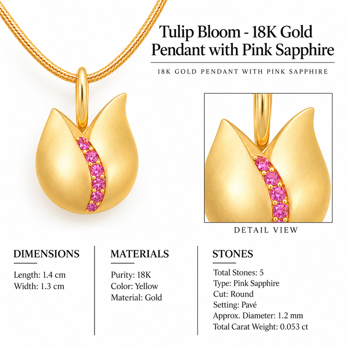 Tulip Bloom - 18K Gold Pendant with Pink Sapphire by Bed of Stones Jewelry, close-up of pink sapphire pavé setting with product dimensions and stone details diagram