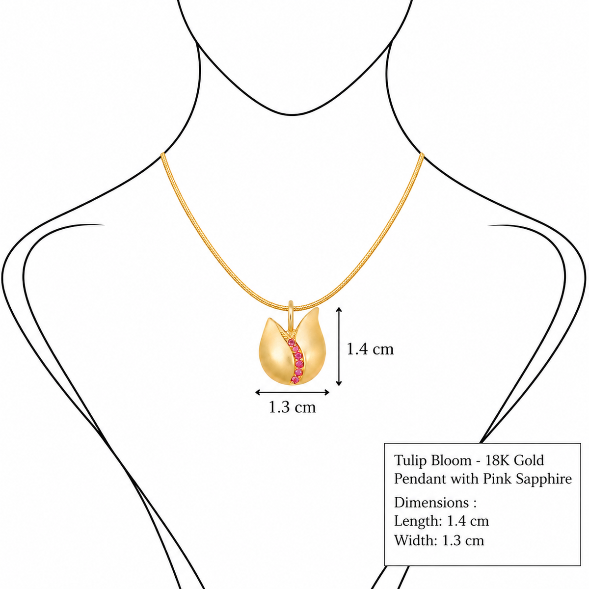 Tulip Bloom - 18K Gold Pendant with Pink Sapphire by Bed of Stones Jewelry, illustration showing pendant placement