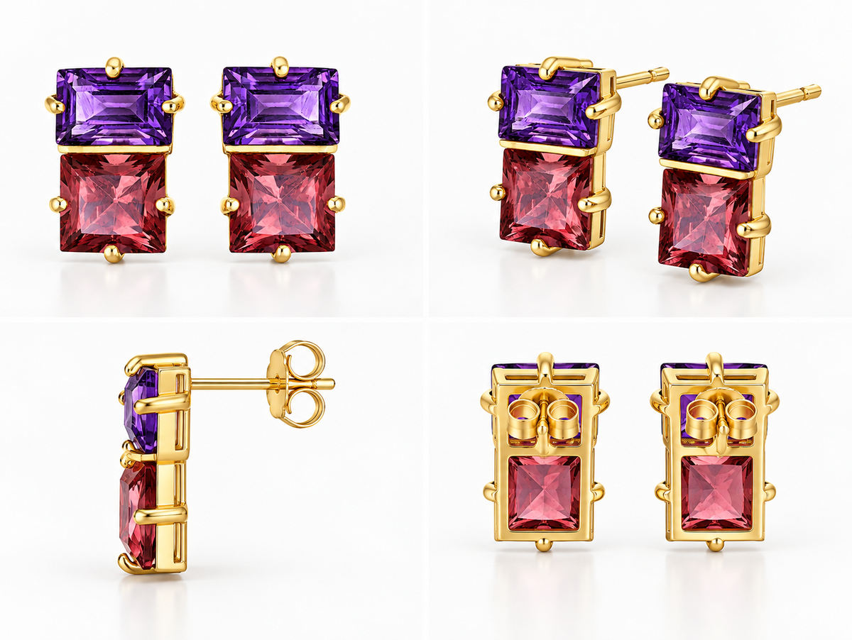 Twilight Duet - 18K Gold Earrings with Amethyst & Pink Tourmaline by Bed of Stones Jewelry, multi-angle product view