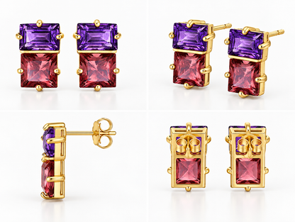 Twilight Duet - 18K Gold Earrings with Amethyst & Pink Tourmaline by Bed of Stones Jewelry, multi-angle product view