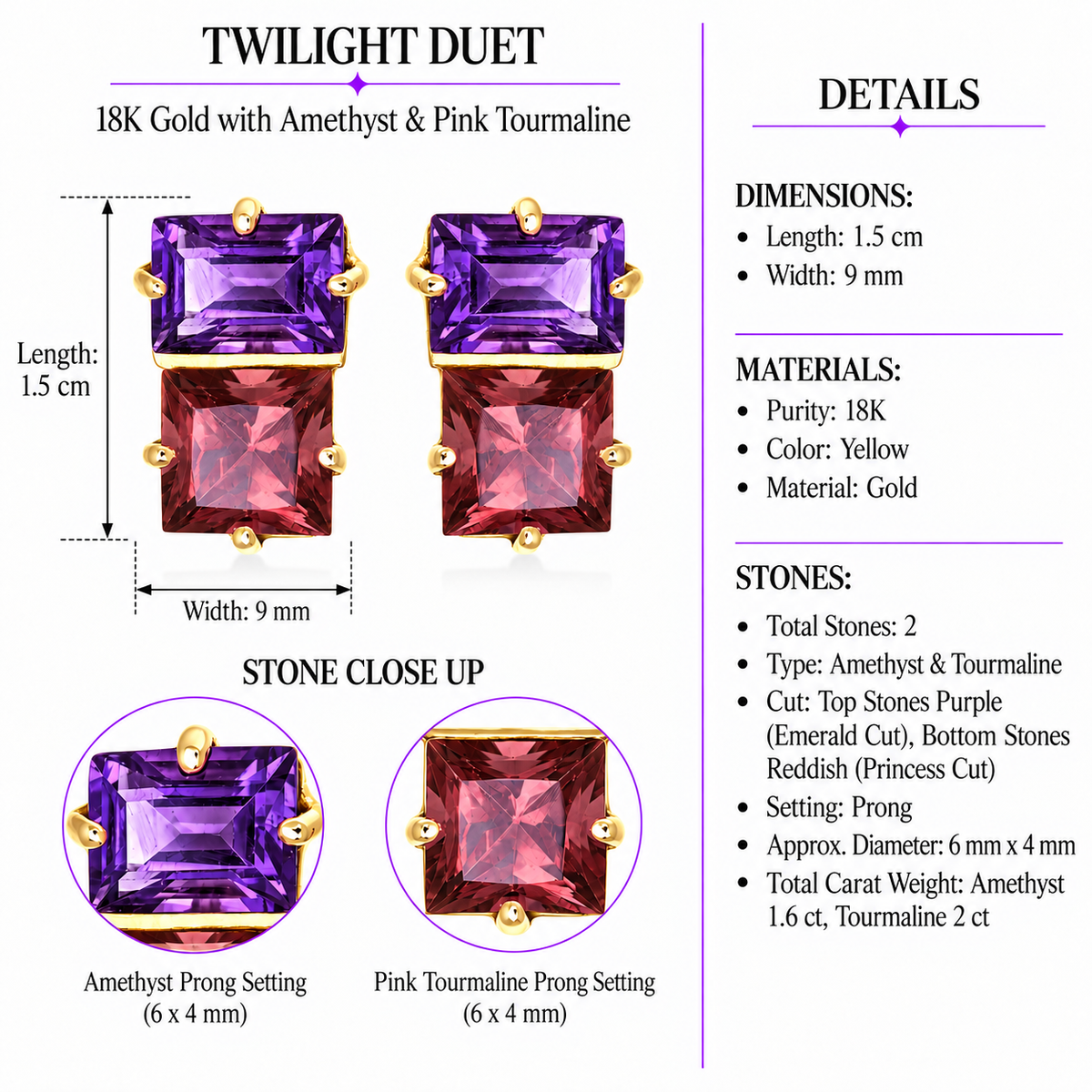 Twilight Duet - 18K Gold Earrings with Amethyst & Pink Tourmaline by Bed of Stones Jewelry, product dimensions and stone details diagram