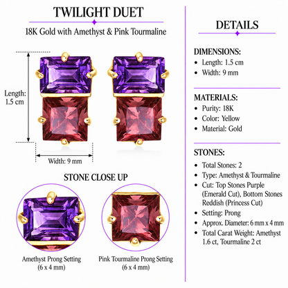 Twilight Duet - 18K Gold Earrings with Amethyst & Pink Tourmaline by Bed of Stones Jewelry, product dimensions and stone details diagram
