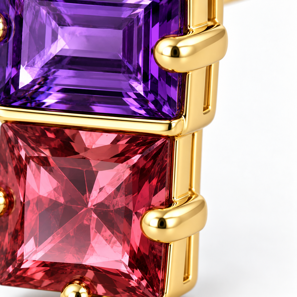 Close-up of amethyst and pink tourmaline prong setting on Twilight Duet Earrings by Bed of Stones Jewelry