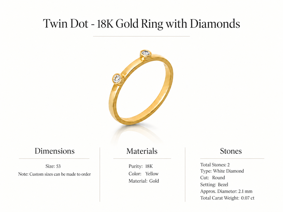 Twin Dot - 18K Gold Ring with Diamonds by Bed of Stones Jewelry, product dimensions and stone details diagram