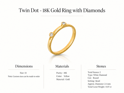 Twin Dot - 18K Gold Ring with Diamonds by Bed of Stones Jewelry, product dimensions and stone details diagram
