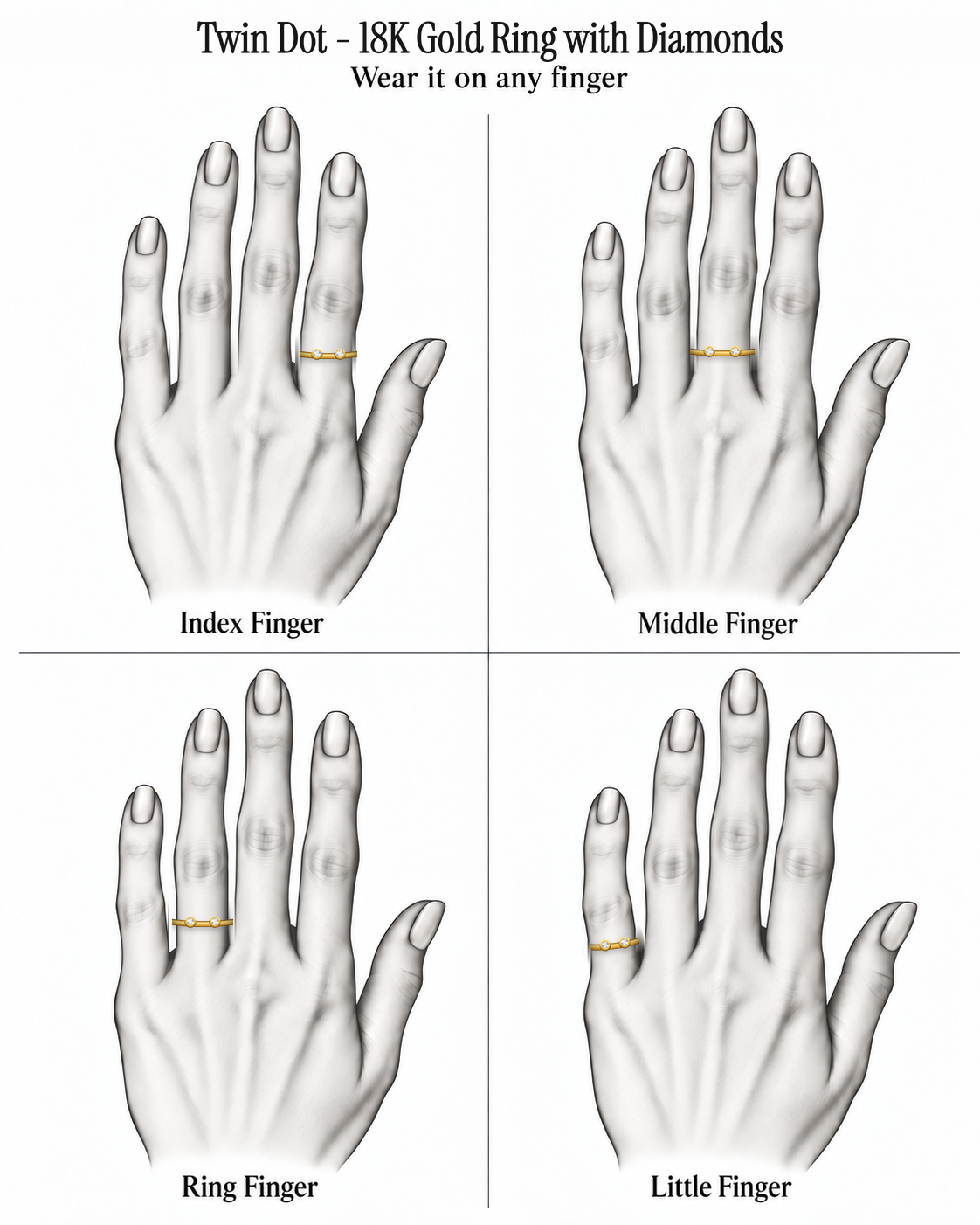 Twin Dot - 18K Gold Ring with Diamonds by Bed of Stones Jewelry, illustration showing ring placement